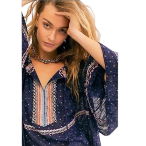 Free People Talia Embroidered Blouse Navy Size Small Boho Top Festival Flowy - Picture 6 of 13